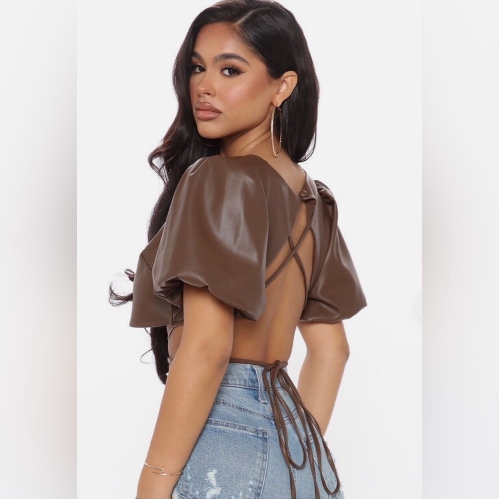 Leather crop top brown puff sleeve blouse